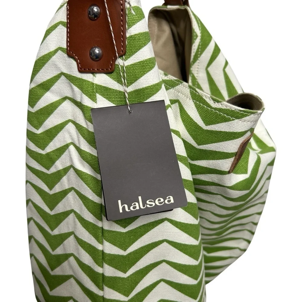Halsea Dunes Bucket Bag Green Chevron Leather Trim Cotton Canvas Beach Chic Bag